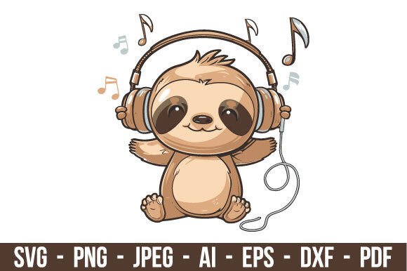 Download Whimsical Sloth with Headphones SVG - Svg Collection
